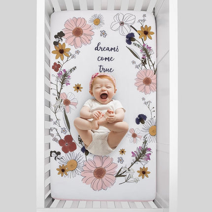 NoJo Keep Blooming Pink, White, Purple and Gold 'Dreams Come True' Wild Flowers 100% Cotton Photo Op Nursery Fitted Crib Sheet