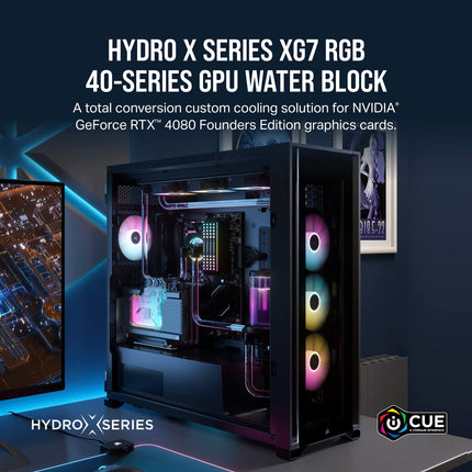 Bloque de refrigeración por agua Corsair Hydro X Series XG7 RGB 4080 Founders Edition GPU – Para NVIDIA® GeForce RTX™ 4080 FE – Cobre niquelado CNC – 50 aletas de refrigeración – Incluye placa trasera y cable adaptador ARGB – Negro