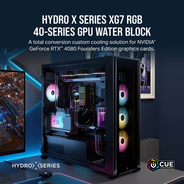 Bloque de refrigeración por agua Corsair Hydro X Series XG7 RGB 4080 Founders Edition GPU – Para NVIDIA® GeForce RTX™ 4080 FE – Cobre niquelado CNC – 50 aletas de refrigeración – Incluye placa trasera y cable adaptador ARGB – Negro