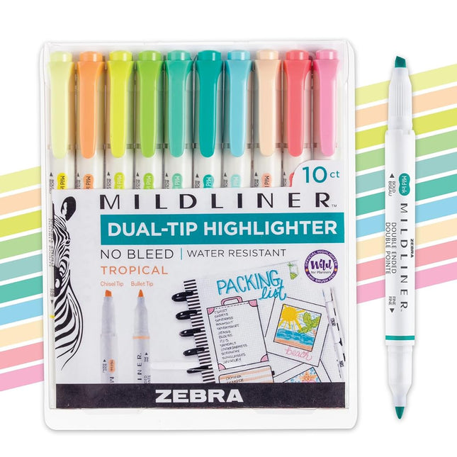 Zebra Pen Mildliner Double-Ended Highlighter Set, Broad and Fine Point Tips, No Bleed Bible Assorted Tropical Bisque Ink Colors, 10-Pack (78301)