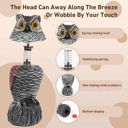 Owl Decoys to Scare Birds Away, 2 Pack BobbleHead Fake Owls Plastic Scarecrow Bird Deterrent, Nature Enemy Scarecrow Plastic Owl Statues, Garden Decor Statues for outside, Patio, Lawn, Yard Decoration