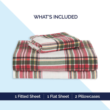 Elegant Comfort Soft 4-Piece 100% Turkish Cotton Flannel Sheet Set - Premium Quality, Deep Pocket Fitted Sheet, Ultra Soft, Cozy Warm and Anti-Pill Flannel Sheets - Full, Plaid Ivory