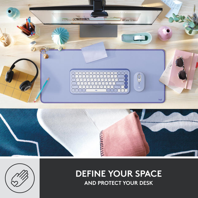Alfombrilla de escritorio Logitech - Serie Studio, alfombrilla de escritorio grande multifuncional, alfombrilla de ratón extendida, protector de escritorio de oficina con base antideslizante, diseño duradero resistente a derrames, en color lila