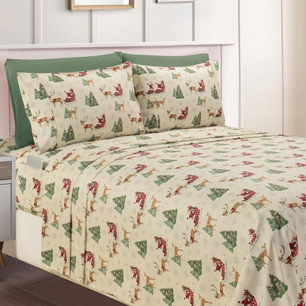 Elegant Comfort Luxury Soft Bed Sheets Holiday Pattern 1500 Premium Hotel Quality Microfiber-Softness Wrinkle and Fade Resistant (6-Piece) Bedding Set, Cal King, Santa Moose