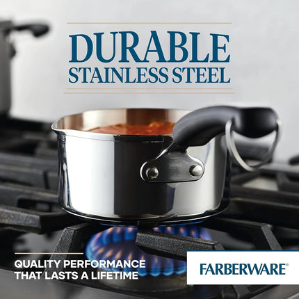 Farberware Brilliance Casserole en acier inoxydable avec becs verseurs latéraux pour verser facilement, compatible lave-vaisselle et induction, 0,9 litre, acier inoxydable