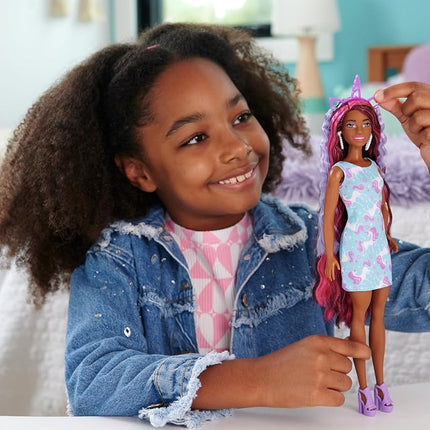 Barbie Doll, Fun & Fancy Hair with Extra-Long Colorful Black Hair and Shimmery Pink Dress, 10 Hair and Fashion Play Accessories, JDC86