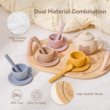 Tea Party Set for Little Girls 1-3 Kids Tea Set with Silicone Teapot Cups Coasters Carrying Scoop Wooden Tray, Kitchen Accessories Pretend Play for Girls Boys Age 3 4 5 (15 Pcs)