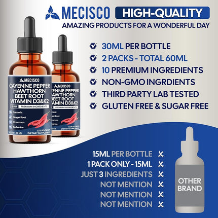 2 Packs of 30ml - Cayenne Pepper Liquid Drops with Vitamin D3, Vitamin K2, Hawthorn Berry, Beet Root, Ginger, Ceylon Cinnamon, Turmeric, Berberine - 120 Day Supply