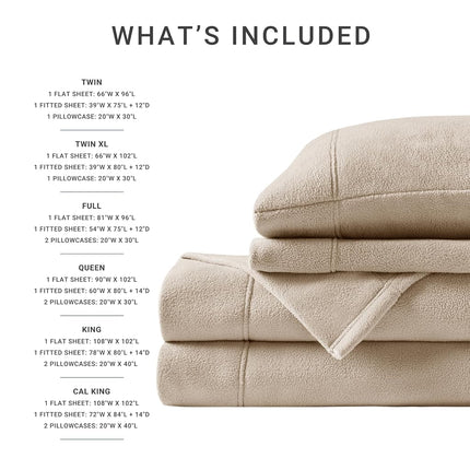 SLEEP PHILOSOPHY True North Micro Fleece Bed Sheet Set, Warm, Sheets with 14" Deep Pocket, for Cold Season Cozy Sheet-Set, Matching Pillow Case, King, Khaki, 4 Piece