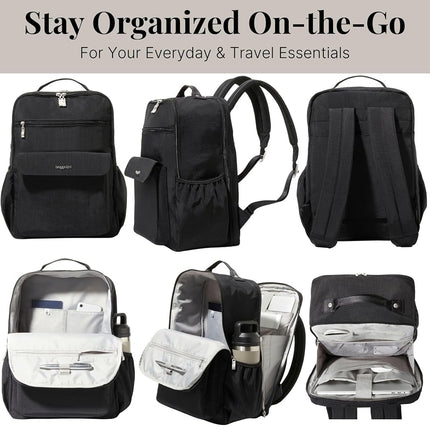 Baggallini Mochila de diario para mujer - Mochila de viaje ligera de nailon resistente al agua de 11 x 15.5 pulgadas con funda acolchada para portátil y RFID, color negro, talla única, mochila de diario para portátil - 11 x 15.5 pulgadas, ligera