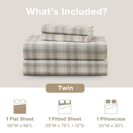 Comfort Spaces 100% Cotton Sheets Twin, Breathable, Naturally Cool Cotton Sheets, Soft Cotton Bed Sheets with 12" Elastic Pocket Fits up to 14" Mattress, All Seasons Sheet Set, Wesley Taupe 3 Piece