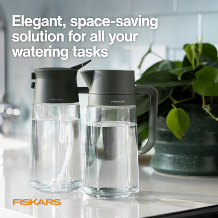 Fiskars 2-in-1 Mist & Pour Watering Carafe, Glass Plant Mister with Thumb Pump Sprayer, Precision Spout for Indoor Gardening, 17 oz Capacity, Modern Décor Style, Clear
