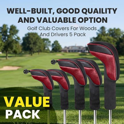 FINGER TEN Golf Club Head Covers for Woods Driver Fairway Hybrid Value 3/5 Pack, Long Headcover Interchangeable Accessories for Ultimate Club Protection (Red&Black(1D+2F+2H))