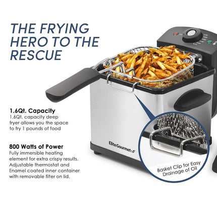 Freidora eléctrica de inmersión Elite Gourmet EDF1607# de 800 vatios con cesta de malla, capacidad de aceite de 1,6 cuartos / 6,5 tazas, perilla de temperatura y tapa con ventana, acero inoxidable