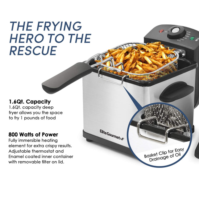 Freidora eléctrica de inmersión Elite Gourmet EDF1607# de 800 vatios con cesta de malla, capacidad de aceite de 1,6 cuartos / 6,5 tazas, perilla de temperatura y tapa con ventana, acero inoxidable