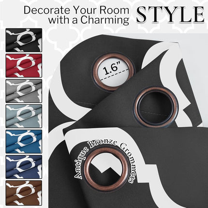Melodieux Moroccan Fashion Thermal Insulated Room Darkening Blackout Grommet Curtains for Living Room, 42 by 96 Inch, Black (2 Panels)