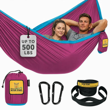 Wise Owl Outfitters Hammock for Camping Double Hammocks Gear for The Outdoors Backpacking Survival or Travel - Portable Lightweight Parachute Nylon DO Fuchsia Sky Blue