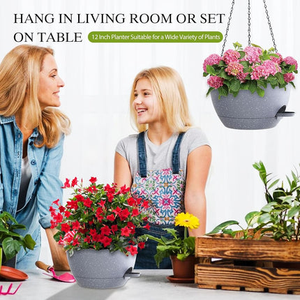 SQKH 12 Inch Hanging Baskets 2 PC with Chains, Self-Watering Hanging Planters for Indoor Outdoor Plants, Plastic Hanging Flower Pots,Speckled Grey