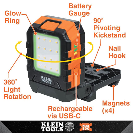 Klein Tools 56416 MODbox Rechargeable 1000-Lumen LED Area Work Light with Magnets, 3 Brightness Levels, 360-Degree Rotation, and Kickstand