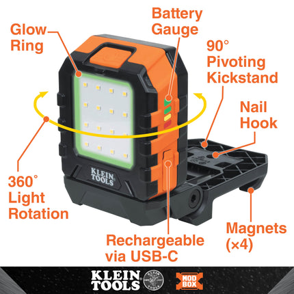Klein Tools 56416 MODbox Rechargeable 1000-Lumen LED Area Work Light with Magnets, 3 Brightness Levels, 360-Degree Rotation, and Kickstand