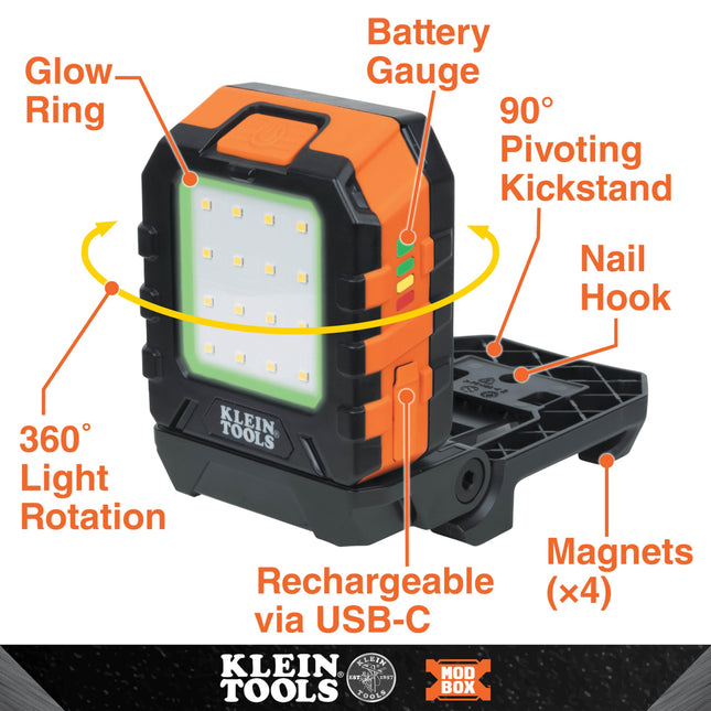Klein Tools 56416 MODbox Rechargeable 1000-Lumen LED Area Work Light with Magnets, 3 Brightness Levels, 360-Degree Rotation, and Kickstand
