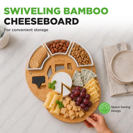 NutriChef Bamboo Cheese Board & Knife Set, Charcuterie Boards, Swiveling Serving Board, Cheeseboard Gift Set, Grazing Board Platter, Extra Large Round Plate w/ 3 Ceramic Bowls, Chalk & Slate Labels