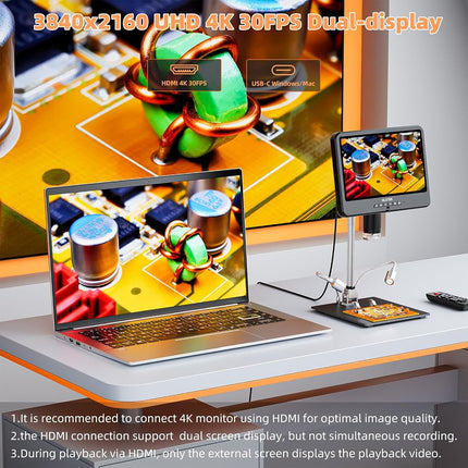 GLG208SE 4K 30FPS HDMI Digital Microscope 1500X with Microphone for Electronics Repair, 10.1" Dual Screen Display, 3840P UHD Video Audio for PCB Soldering, Coin Microscope Full View for Error Coins