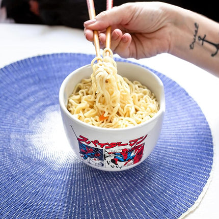Silver Buffalo Marvel Spider-Man Japanese Manga Comic Panels Ceramic Ramen Noodle Rice Bowl with Chopsticks, Microwave Safe, 20 Ounces