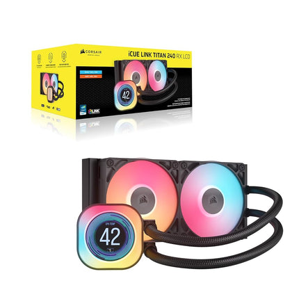 Corsair iCUE LINK TITAN 240 RX LCD Liquid CPU Cooler – 240mm AIO – Low-Noise – FlowDrive Cooling Engine – Intel LGA 1851/1700, AMD AM5/AM4 – 2x RX120 RGB Fans – iCUE LINK System Hub Included – Black