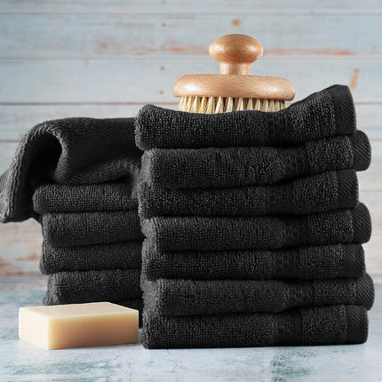 Hearth & Harbor 100% Ring Spun Cotton Washcloths 12 Pack - Washcloth for body and face, High Absorbent and Soft 33x33 cm Body Wash Cloth, Quick Dry - Black Washcloths