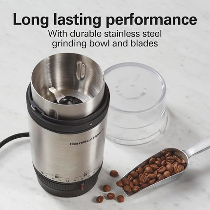 Hamilton Beach Custom Grind Electric Coffee Grinder for 4-14 Cups, One-Press Hand-Free Operation with Auto Shutoff, Removable Grinding Bowl for Easy Pour and Clean, Stainless Steel (80406)