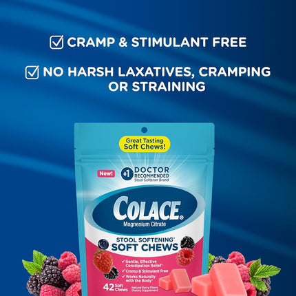 Colace Stool Softener Soft Chews, Gentle Constipation Relief, No.1 Doctor Recommended Stool Softener Brand, 42 Mixed Berry Chews (Pack of 2)