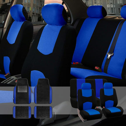FH GROUP FH-FB050115 + F14407 Full Set Flat Cloth Car Seat Covers with Premium Carpet Floor Mats, Blue / Black- Fit Most Car, Truck, Suv, or Van