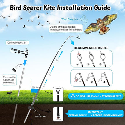 Flerigh Bird Scarer Kite with 13ft Pole Bird Hawk Flying Kite-Owl Kite