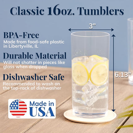 US Acrylic Classic Clear Plastic Reusable Drinking Glasses (Set of 6) 16oz Water Cups | BPA-Free Tumblers, Made in USA | Top-Rack Dishwasher Safe