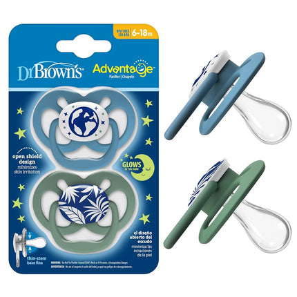 Dr. Brown's Advantage Glow-in-The-Dark 2 Piece Stage 2 Pacifiers, Blue, 6-12 Months