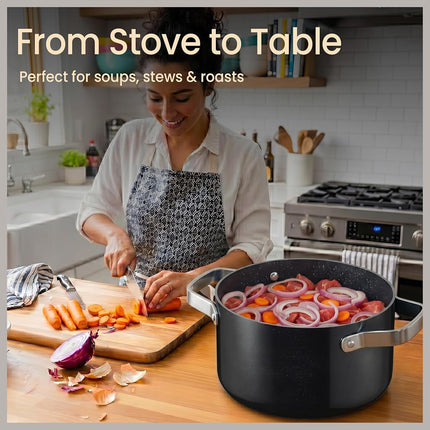 Black 12.5 Quart Aluminum Stock Pot with Lid, Nonstick Ceramic Coated Boiling Pot, PTFE & PFAS Free, Oven Safe to 500°F, Riveted Stainless Steel Handles, Tempered Glass Lid, All Stove Compatible