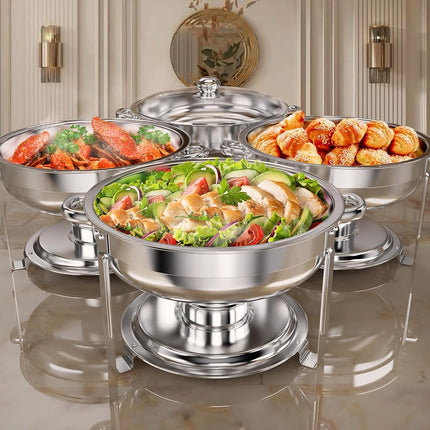 Rengue Plats à Chafing 6 pintes pour Buffet, Lot de 4 Plats à Chafing Ronds en Acier Inoxydable, Serveurs et Chauffe-plats de Buffet Chauffants et Refroidissants, Chauffe-plats pour Fêtes, Réceptions, Banquets, Mariages