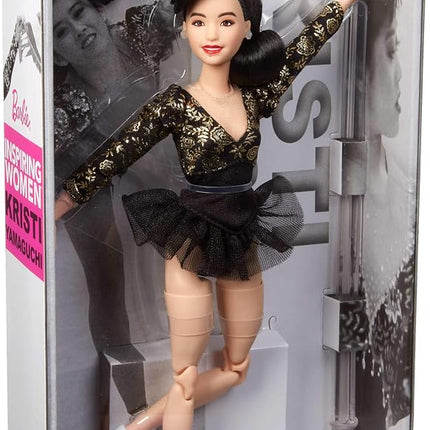 Barbie Inspiring Women Doll, Kristi Yamaguchi Collectible in 1992 Winter Olympics Costume, Sparkly Black and Gold Leotard and White Skates