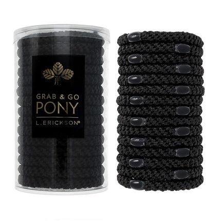 L. Erickson Grab & Go Ponytail Holders, Black, Set of Fifteen - Exceptionally Secure with Gentle Hold
