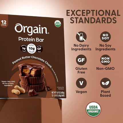 Orgain Organic Vegan Protein Bars, Peanut Butter Chocolate Chunk - 10g Plant Based Protein, Low Calorie Healthy Snacks, No Lactose or Soy Ingredients, Gluten Free, Non-GMO - 1.41 Oz (Pack of 12)