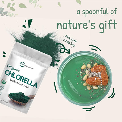 Organic Chlorella Powder, 10 Ounce, Broken Cell Wall, Rich in Vegan Proteins & Vitamins, Raw, Bulk Premium Chlorella Supplement, Vegan Friendly, Non-Irradiation