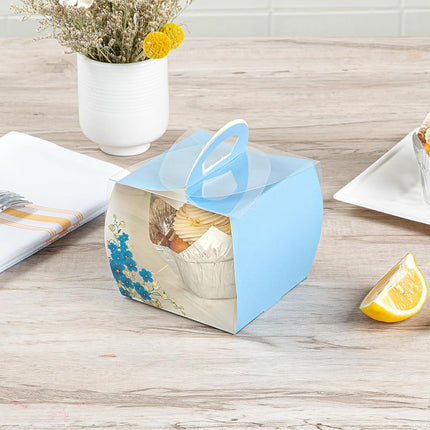 Restaurantware-4 Inch x 4.25 Inch Individual Cupcake Boxes, 100 Disposable Cupcake Display Boxes - with Handle, Flower Accent, Clear Plastic Single Cupcake Containers, for Weddings Or Birthdays