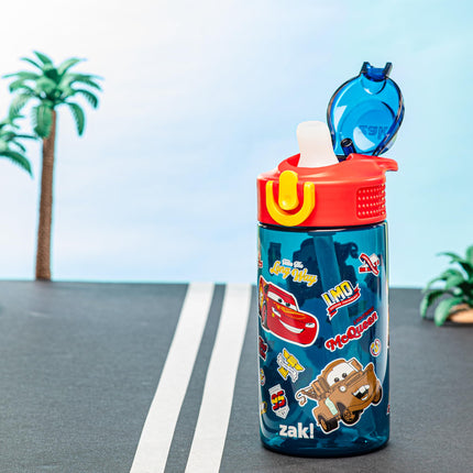 Zak Designs Disney Pixar Cars Sage Kids Water Bottle For School or Travel, 16oz Durable Plastic Water Bottle With Straw, Handle, and Leak-Proof, Pop-Up Spout Cover (Lightning McQueen & Mater)