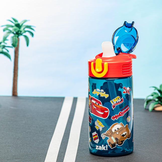 Zak Designs Disney Pixar Cars Sage Kids Water Bottle For School or Travel, 16oz Durable Plastic Water Bottle With Straw, Handle, and Leak-Proof, Pop-Up Spout Cover (Lightning McQueen & Mater)