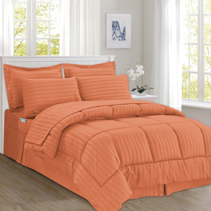 Elegant Comfort Silky Soft 8-Piece Dobby Stripe Bed-in-a-Bag Comforter Set, Includes 4pc Smart Sheet Set, Bed Skirt, Comforter, Matching Pillowcases and Shams - Twin/Twin XL, Coral