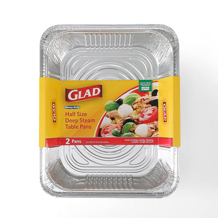 Glad Disposable Aluminum Half Size Deep Steam Pan | 2 Count | Foil Steam Pan | 12.5” x 10.25” x 2.5” Aluminum Pan | Disposable Steamware Foil Pans for Steaming