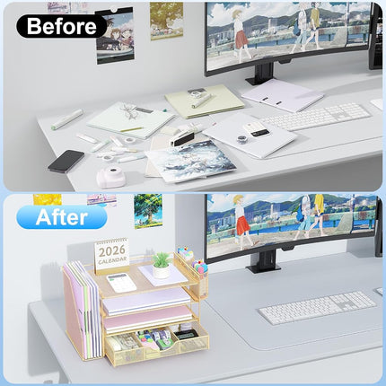gianotter Paper Letter Tray Organizer with File Holder, 4-Tier Desk Accessories & Workspace Organizers with Drawer and 2 Pen Holder, Desk Organizers and Accessories for Office Supplies, 4T-2