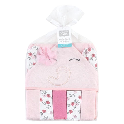 Hudson Baby Unisex Baby Hooded Towel and Five Washcloths, Floral Pretty Elephant, One Size