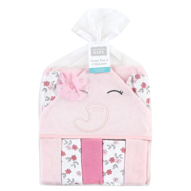 Hudson Baby Unisex Baby Hooded Towel and Five Washcloths, Floral Pretty Elephant, One Size